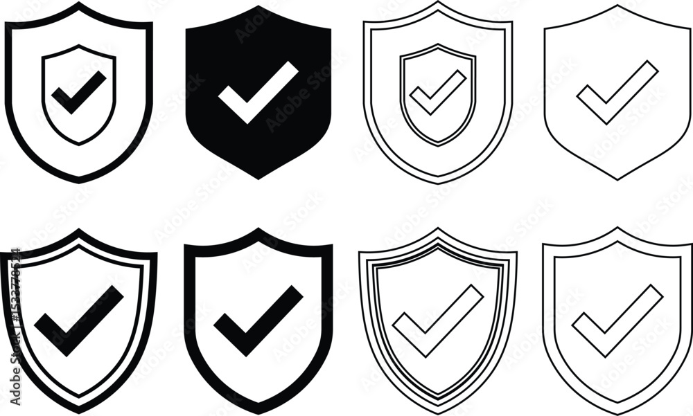 Poster collection of shield icons with check marks representing security and approval concepts