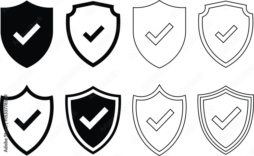 Poster collection of shield icons with checkmarks representing security and protection concepts
