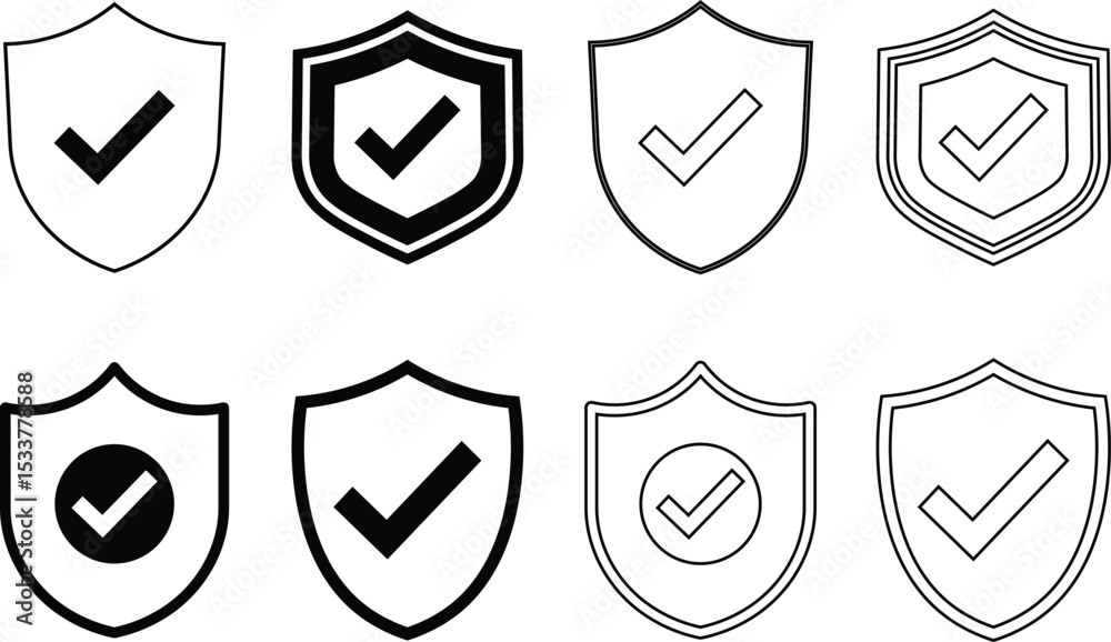 Poster collection of shield symbols with check marks representing approval and protection in design