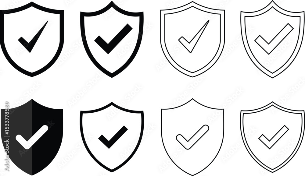 Poster collection of shield symbols with check marks representing security and approval