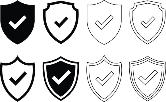 Collection of shield icons with checkmarks representing security and protection concepts
