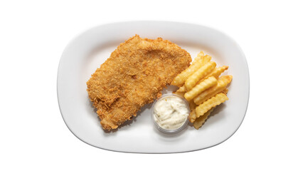 Fish and Chips with Tartar Sauce on White Plate, Top View