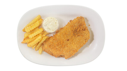 Fish and Chips with Tartar Sauce on White Plate, Top View