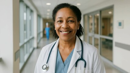 A mid-shot video captures a smiling doctor in a hospital corridor, conveying warmth and professionalism. The angle is eye-level, enhancing connection. - Powered by Adobe