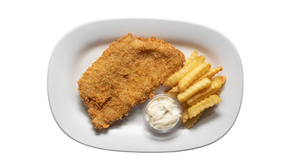 Fish and Chips with Tartar Sauce on White Plate, Top View