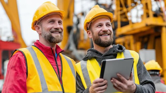 Construction Crew at Work: A striking image showcases a construction crew hard at work. Two workers, equipped with essential safety gear, are actively engaged in the day's tasks. 