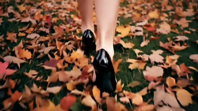 Walking autumn leaves heels fashion style fall season nature outdoor ground leaves woman legs shoes 4k video