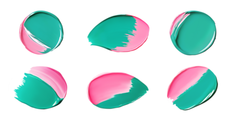 Paint swatches set, pink and cyan colors. Collection of glossy liquid texture. Isolated element with clear even edge on transparent background