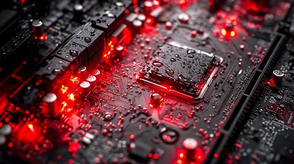Wet CPU with Motherboard, and Red LEDs.