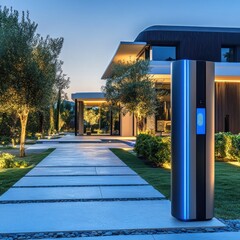 Modern Luxury Home with Smart EV Charger at Dusk