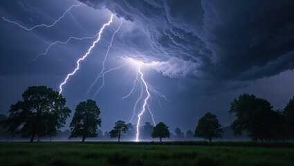 Powerful lightning strikes illuminate a dramatic stormy sky over a green landscape