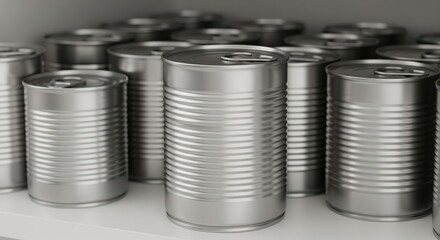 Silver metal cans with pull-tab lids stacked on shelf