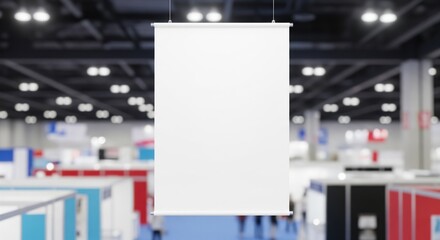 Blank white hanging banner in modern exhibition hall interior