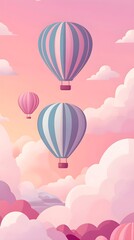 Whimsical Hot Air Balloons Floating Over Pastel Pink Sky with Fluffy Clouds for Dreamy Backgrounds