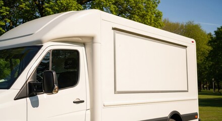 White delivery truck parked outdoors with blank side panel in park