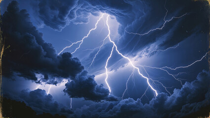 Fototapeta premium Powerful lightning strikes illuminating dark storm clouds against a dramatic blue sky