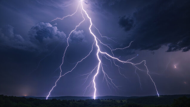 Powerful lightning strikes over dark landscape illuminating dramatic storm clouds at night