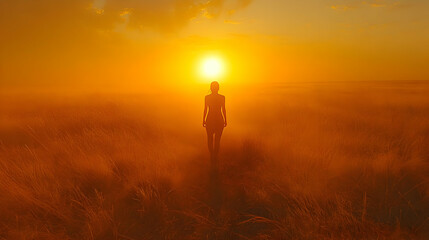 Sunset Silhouette Illustration: Woman Walking in Golden Grassland