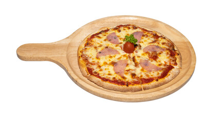 Salami Cheese Pizza on Wooden Tray, Topped with Tomato and Parsley