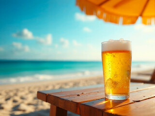 Refreshing draft beer by the sea under summer beach umbrella