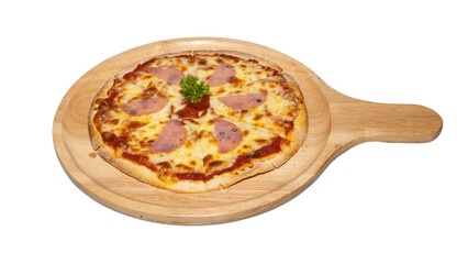 Salami Cheese Pizza on Wooden Tray, Topped with Tomato and Parsley
