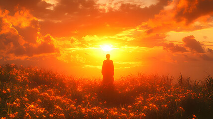 Sunset Silhouette Illustration: Monk in a Fiery Orange Field