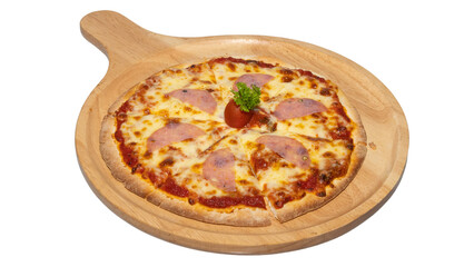 Salami Cheese Pizza on Wooden Tray, Topped with Tomato and Parsley