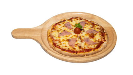 Salami Cheese Pizza on Wooden Tray, Topped with Tomato and Parsley