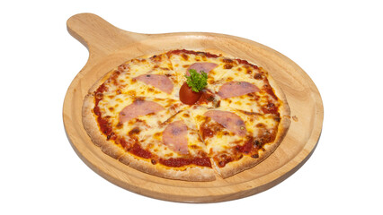Salami Cheese Pizza on Wooden Tray, Topped with Tomato and Parsley