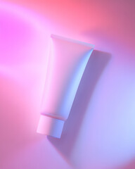 Cosmetic tube lies on pastel lilac background with pink neon light. Vertical mockup of girl's cream or mask with chewing gum flavor. Top view of matte plastic packaging