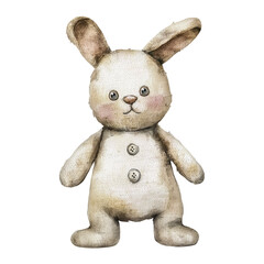 Old textile hare. Cute watercolor illustration of vintage toy rabbit. Isolated clipart with clear even edge on transparent background