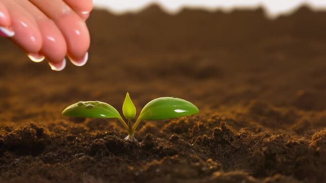 Close-up of a farmer's hand gently pouring water onto a small green seedling growing in fer
