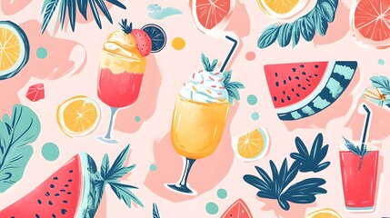 Whimsical Summer Illustration Showcasing a Blend of Tasty Desserts, Invigorating Cocktails, and Artistic Scrapbooking Elements in a Harmonious Composition