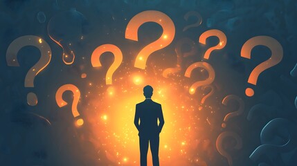 Detailed flat vector illustration of a man contemplating question marks and choosing the optimal path to success through careful business decision making