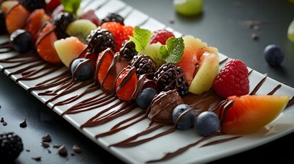 Elegant Artisan Chocolate Plate with Vibrant Assorted Fruits and Gourmet Sweets for a Modern Dipping Experience