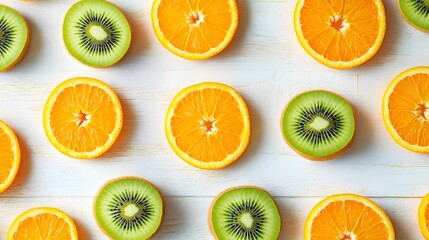 Artistic Tropical Fruit Pattern with Orange and Kiwi Elements on White Wooden Surface for Modern Design