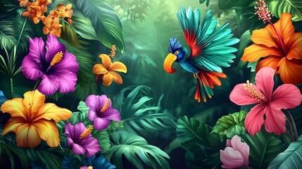 Edgy and Vivid PNG Creation Showcasing Tropical Flowers with Exaggerated Bold Visual Elements in Cartoon Funky Style