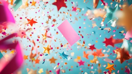 Intricately Detailed Festival Decoration Concept Showcasing Colorful Streamers, Star Confetti and Innovative Party Cards in a Lively Celebration Setting