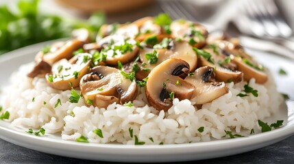 High-Detailed Gourmet Cuisine Featuring Steamed Rice, SautÚed Mushrooms, and Fresh Parsley with Natural Textures and Vibrant Colors