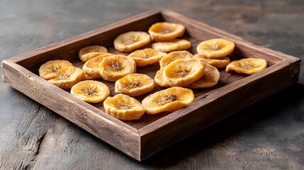 Realistic Depiction of Artistically Arranged Sun-Dried Banana Pieces on a Wooden Tray, Accentuating Traditional Preservation and Natural Drying Methods for Longevity