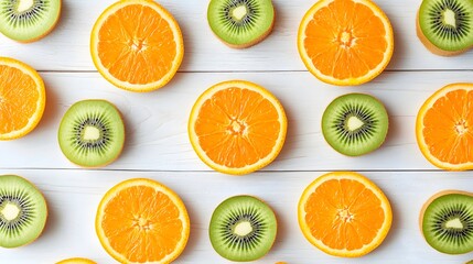 Modern Clean Fruit Pattern with Juicy Orange Wedges and Fresh Kiwi Disc Slices on White Wooden Finish for Versatile Branding