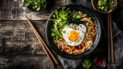 Artistic Japanese Ramen Imagery Showcasing Flavorful Broth, Poached Egg and Decorative Greens on a Rustic Table