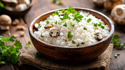 Artfully Arranged Rustic Dish with Fresh Rice, Mushrooms, and Parsley Highlighting Organic Culinary Creativity