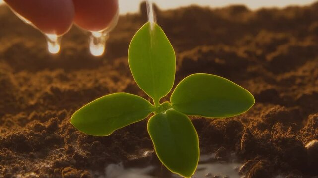 Close-up of a farmer's hand gently pouring water onto a small green seedling growing in fer