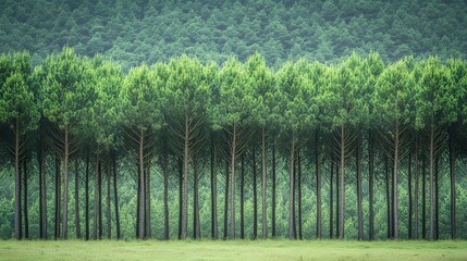 Striking View of a Perfectly Aligned Row of Slender Pine Trees Exhibiting Elegant Vertical Growth from Light Competition