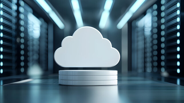 A glowing cloud icon on stacked disks symbolizes cloud computing and data storage in a futuristic server environment.