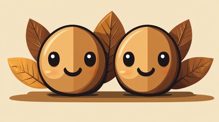 Fototapeta premium Two cute, round, brown fruits/nuts with happy faces, surrounded by autumn leaves
