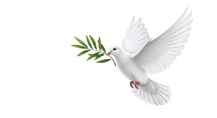 A white dove gracefully flies with an olive branch in its beak, symbolizing peace and hope.