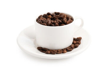 Ceramic cup with roasted coffee beans isolated on white