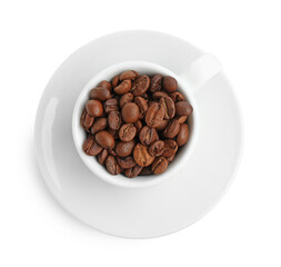 Ceramic cup with roasted coffee beans isolated on white, top view